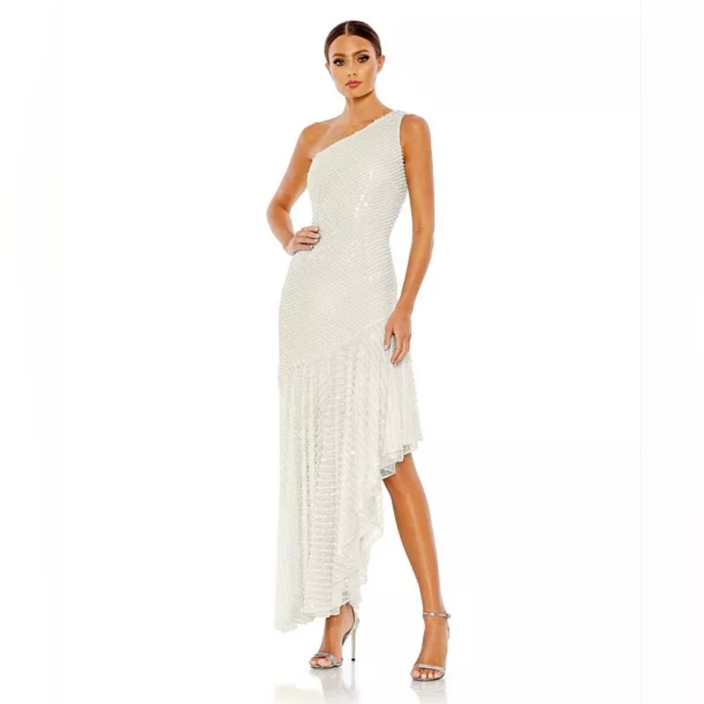 Mac Duggal Women One Shoulder Asymmetrical Hem Dress White Pearl Beaded Wedding